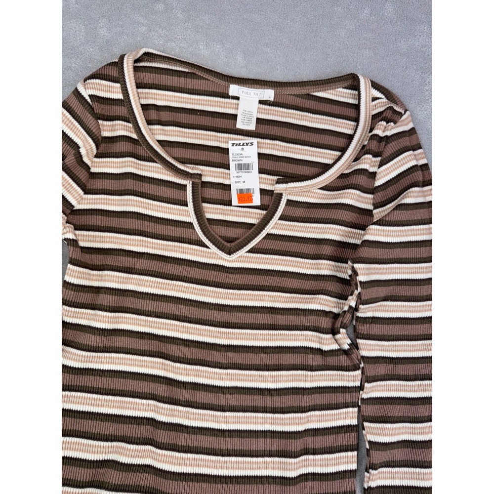 FULL TILT Women's‎ Medium Brown White Stripe Ribbed Notch Neck Long Sleeve Top
